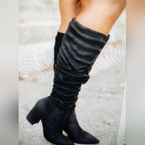 Pink Lily Suede Black Block Heel with Ruched Fabric Tall Boots Size 6.5 - Picture 1 of 10